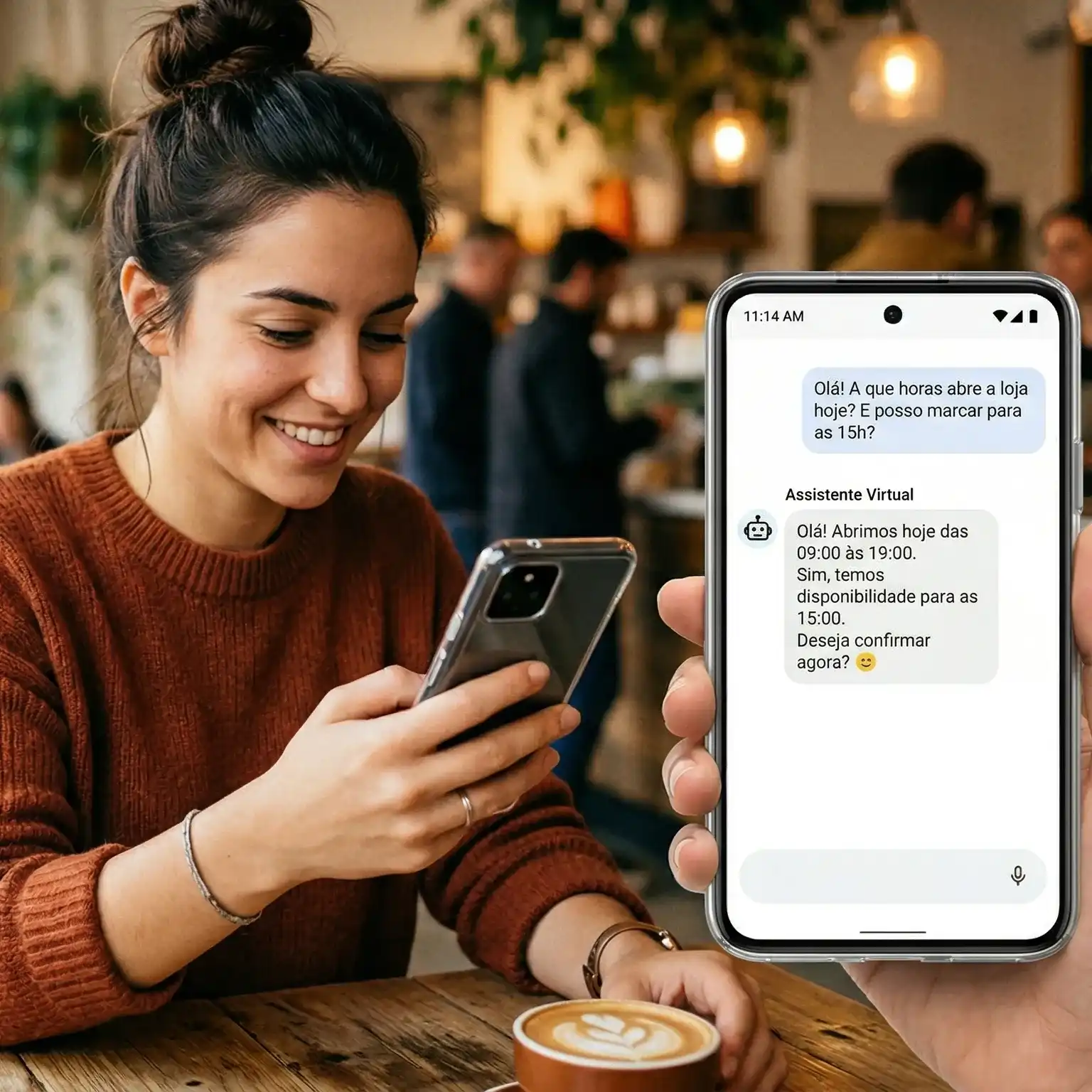 Assistente virtual da PertoDaqui atendendo uma cliente no telemóvel